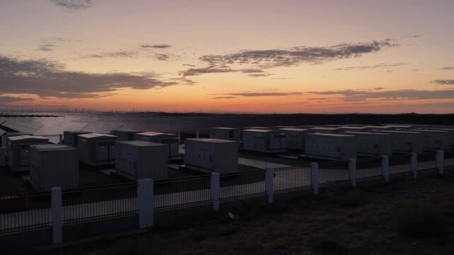 Aerial View of Utility-Scale Solar Farm with Battery Energy Storage System in Arid Desert