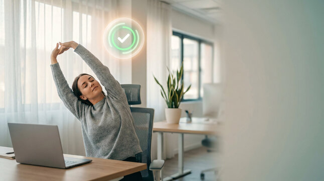 Woman stretching at office desk during break, feeling refreshed, productivity boost, ergonomic workplace, well-being, wellness at work