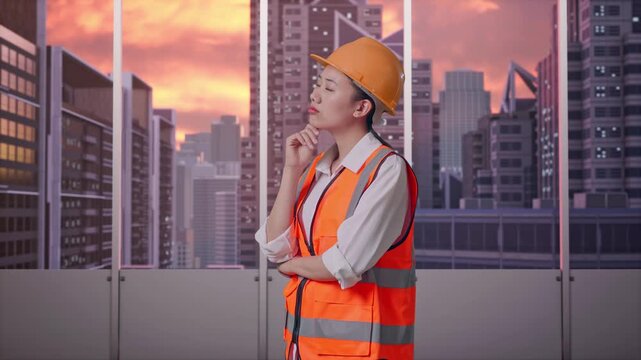 Asian Female Engineer With Safety Helmet Thinking About Something And Looking Around While Standing at Office with Panoramic City Skyline at Sunset