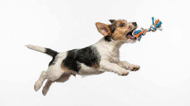 Energetic Jack Russell Terrier puppy jumping with rope toy on white background