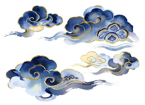 Digital watercolor Asian style clouds and flowers with golden lines illustration set on white background 
