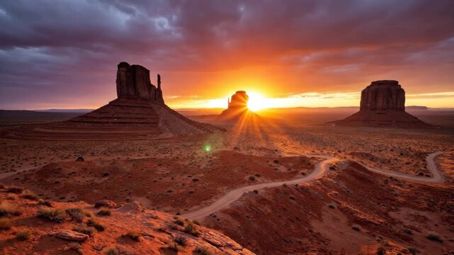 Majestic Monument Valley desert landscape at sunset with vibrant sky and winding road.