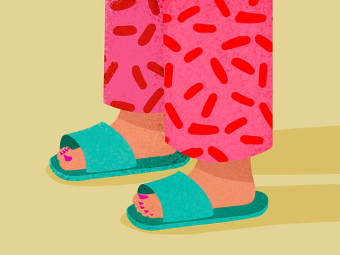 Person wearing pajama pants and comfortable slippers at home