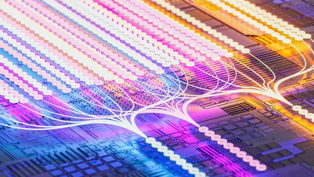 Lines of data travel through a circuit background