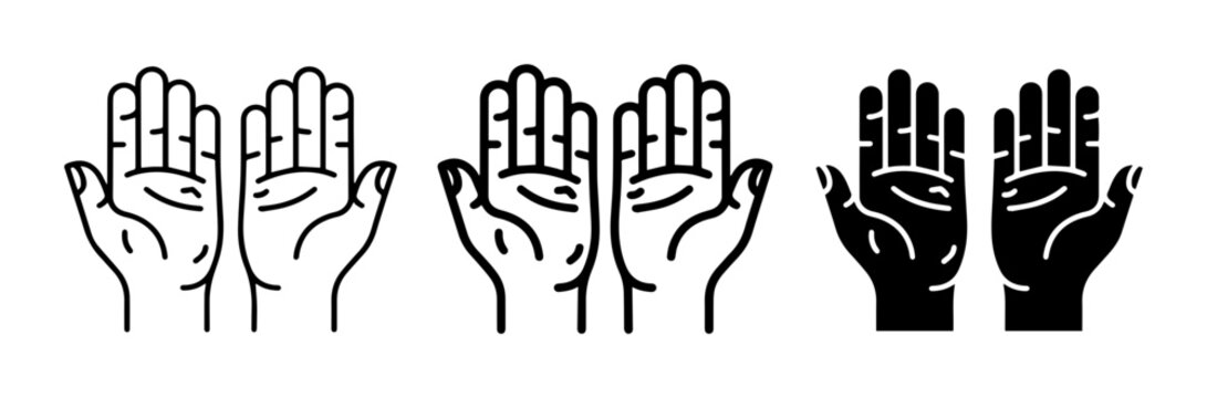 Praying Hands Icons, Open Palms Vector Graphics, Religious Symbols, Human Gestures Set