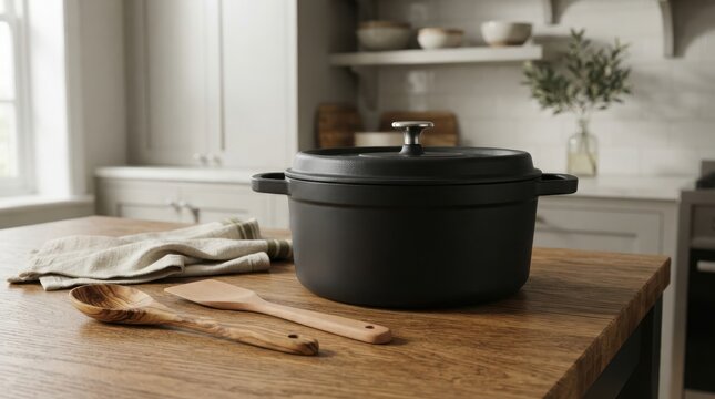 Black cast iron dutch oven pot with lid and wooden kitchen utensils on a wooden cutting board in a cozy modern home kitchen