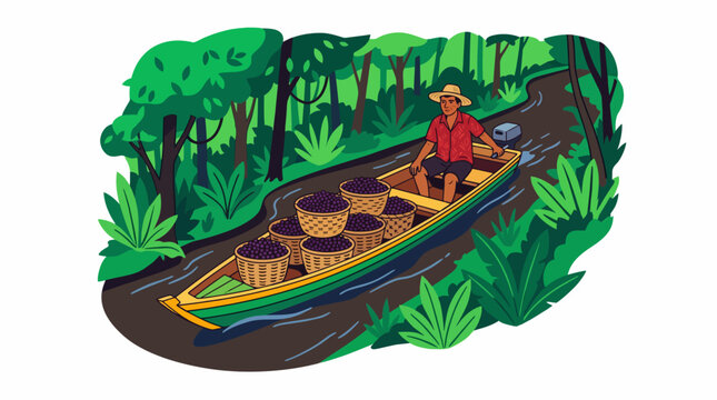 Brazilian farmer transports fresh a&ccedil;a&iacute; berries harvested from the Amazon rainforest by boat Brazilian a&ccedil;a&iacute; production chain
