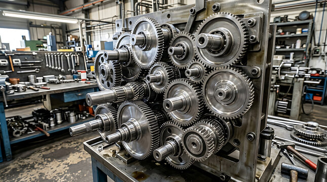 Intricate silver gears and cogs meshed together in a complex industrial machinery assembly
