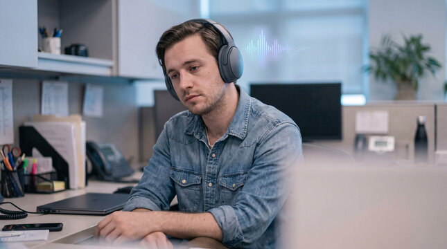 Young man wearing headphones in an office setting, listening to music or a podcast with sound waves visualized above, representing focus and concentration