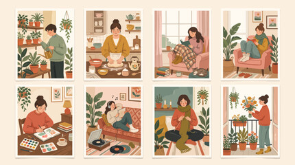 Fototapeta premium Cozy Indoor Lifestyle Illustrations Featuring People Engaged in Relaxing Home Activities and Houseplants