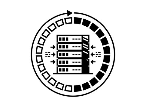 Server rack data storage with circular data flow icon