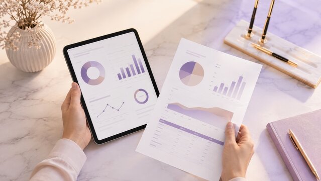 A person compares data visualizations on a tablet and printed report, featuring charts and graphs on a marble desk with office accessories.