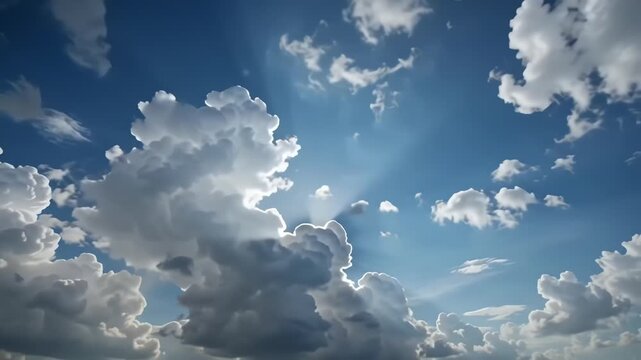 Sunbeams breaking through white clouds in blue sky
