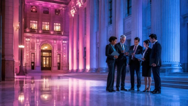 A group of business professionals discussing documents in an elegant, columned building with dramatic purple lighting.