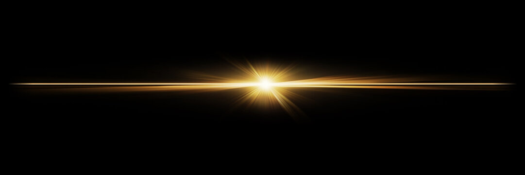 Golden anamorphic lens flare horizontal streak isolated on black background with light streak anamorphic abstract horizontal background cinematic radiance illumination