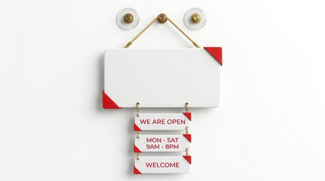 Modern store open sign hanging on wall with hours and welcome message