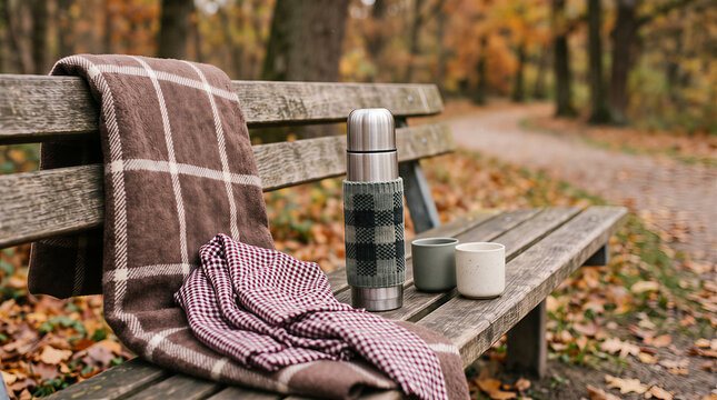 Thermos with checkered cozy and mug on park bench with plaid blanket. Autumn forest picnic concept. Retro cozy aesthetic with layered textiles for seasonal holiday atmosphere design.
