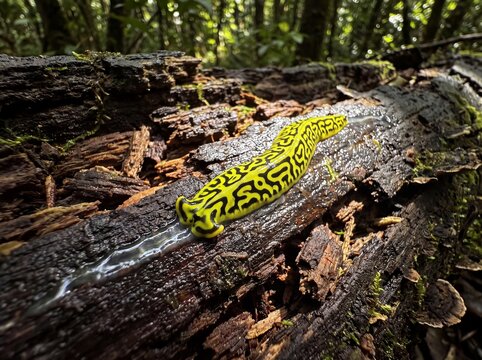 Vivid Hammerhead Flatworm with Striking Yellow and Black Pattern Glides Over Wet Mossy Log in Lush Forest