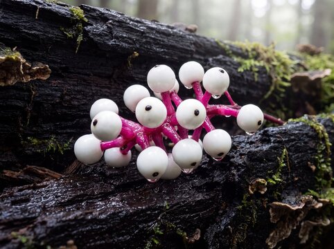 White Baneberry Fruits Clustered on Mossy, Decaying Log in Misty Forest