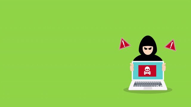 Ransomware Cyber Attack Warning with Hacker Holding Infected Laptop