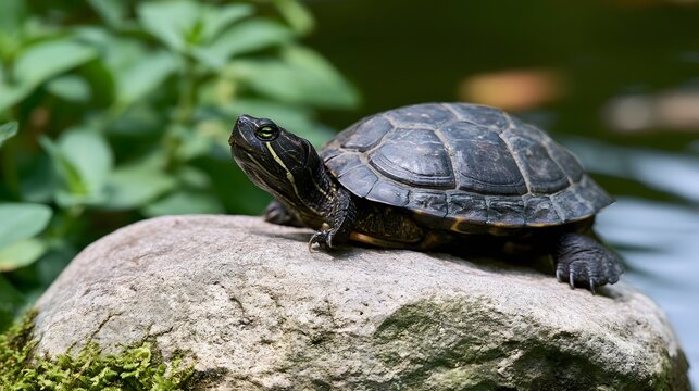 A turtle rests on a mossy rock beside calm water with green foliage in soft focus background