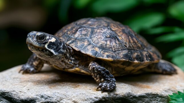 A turtle rests on a stone surrounded by green foliage in a natural outdoor setting with detailed shell and textured skin