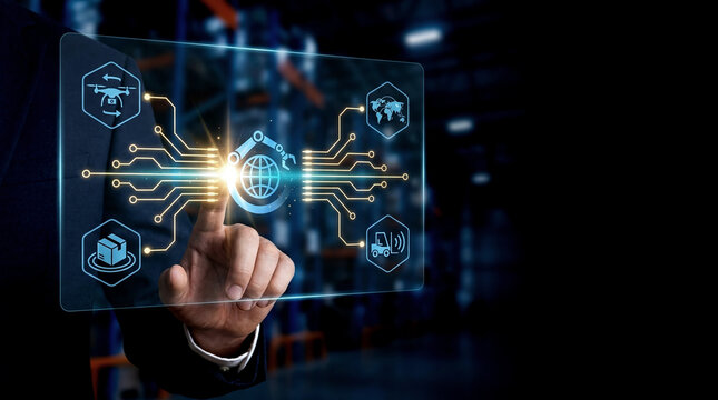Manager hand touching glowing holographic globe icon representing smart logistics and supply chain with robotic automation and ai for digital workforce management