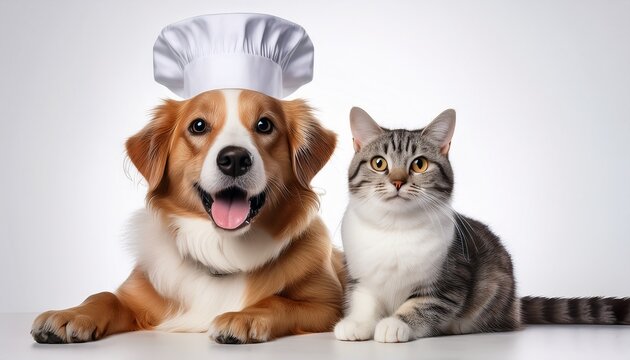 a cheerful dog and a cat wearing white chef hats and sitting together on white background culinary themed projects pet branding greeting cards or social media content