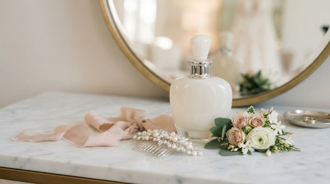 Elegant perfume bottle with bridal flowers and pearl hair accessory on a marble vanity table for wedding morning preparation