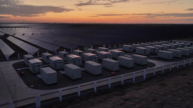 Aerial View of Utility-Scale Solar Farm with Battery Energy Storage System in Arid Desert