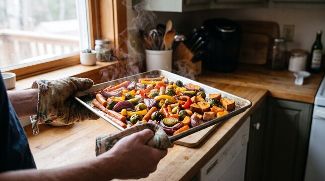 Sheet pan of roasted vegetables fresh from the oven held with oven mitts