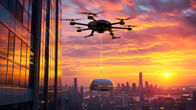 Futuristic cargo drone flying beside glass skyscraper at sunset over modern city skyline