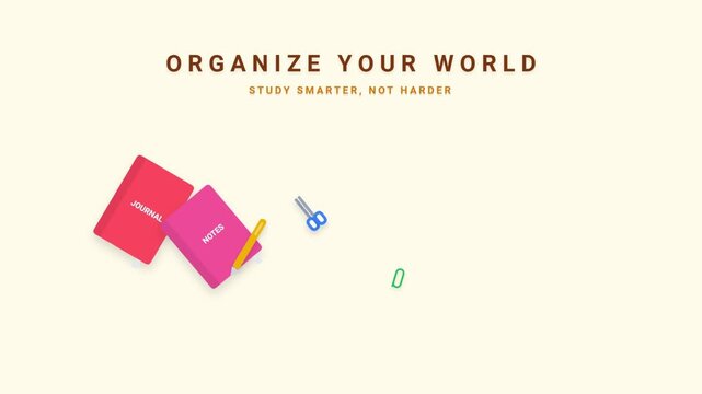 Stationery items for school and office organization with educational text