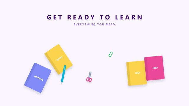 School supplies flat lay animation with colorful notebooks and pens for study