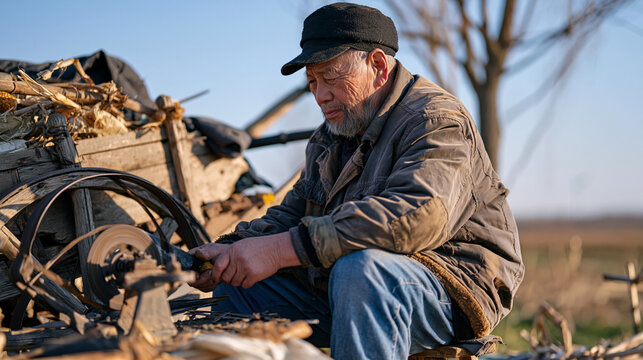 An elderly knife sharpener sits on a low stool in a quiet rural landscape, a grinding wheel spinning slowly beside a worn wooden cart as soft February overcast light settles across frost-tipped fiel