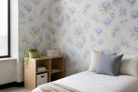Removable hydrangea wallpaper in a compact dorm bedroom with neutral bedding ideal for rental decor, college housing and back to school campaigns