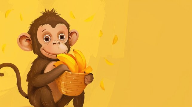 watercolor illustration, Monkey Day, cute little monkey holding bananas, yellow background, vintage postcard, horizontal banner, copy space, free space for text