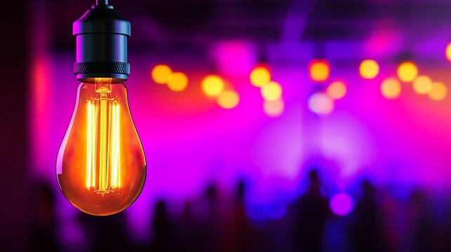 Glowing Edison bulb against blurred party background.
