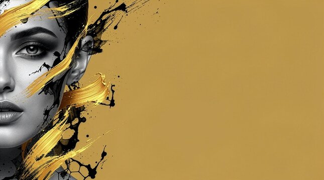 An artistic monochrome portrait of a woman face with luxury metallic gold brush strokes and black ink splashes, set against a solid gold background with ample copy space