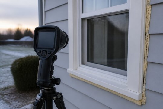 Thermal imaging camera aimed at a sealed residential window ideal for home energy audits, heat loss detection and weatherization services