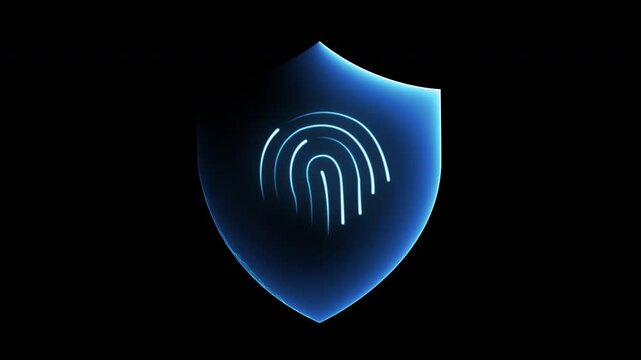 Glowing blue security shield fingerprint protecting personal information animation on transparent background