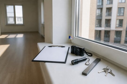Rental apartment move in inspection kit with blank clipboard, camera, flashlight and keys ideal for tenant guides and property management content