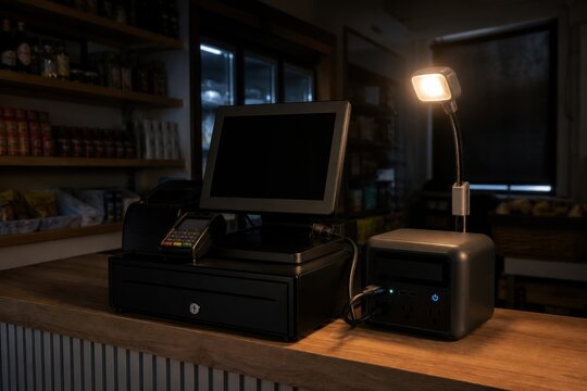 Backup battery powering a blank retail checkout during an outage ideal for small business continuity, emergency operations and resilient commerce