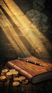 Leather-bound book, pen, and gold coins in sunlight.