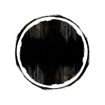A circular black brush stroke frame with a distressed stencil effect and a weathered dirty texture isolated on a white clean background, art, mark, stencil