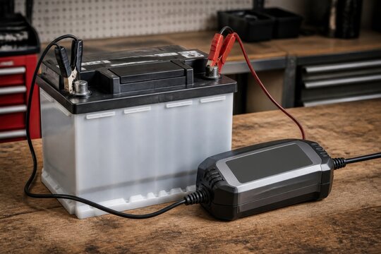 Battery maintainer connected to a generic car battery on a garage bench ideal for winter vehicle care and cold weather readiness