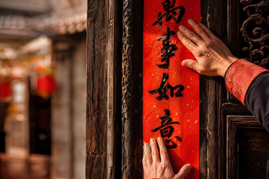 Person decorating traditional wooden doorway with red calligraphy banner in warm sunlight for festive celebration