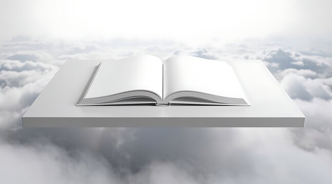 Open book resting on a white platform surrounded by clouds.