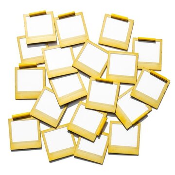 A collection of aged, square instant film photo frames with blank white centers and yellowed borders, scattered on a plain white surface, material, isolated, instant