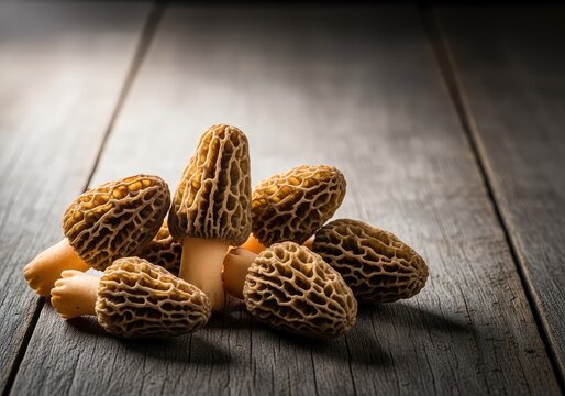 A collection of freshly harvested morel mushrooms with unique honeycomb patterns rests on a weathered, dark wood table in soft light, dark, food, timber